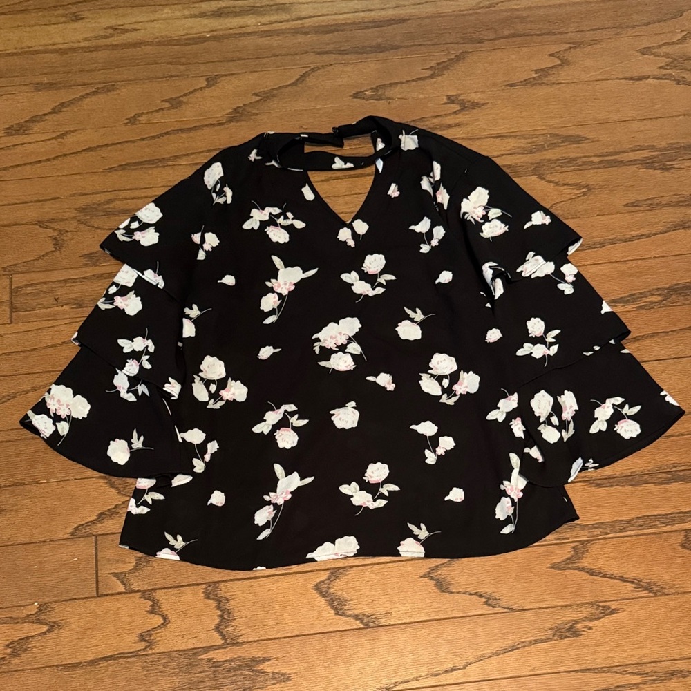 Candie's Black Floral Blouse with Ruffled Sleeves